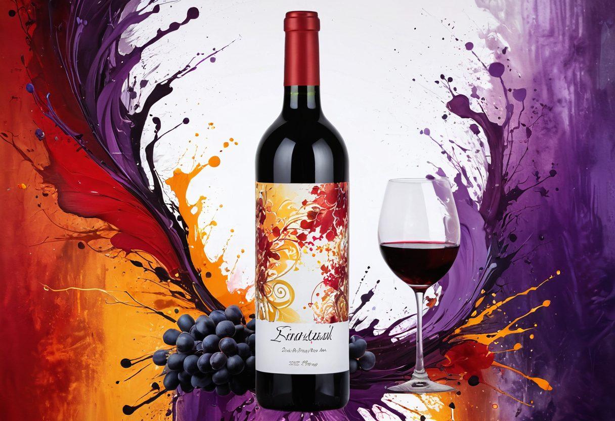 A stunning fusion of a wine bottle and a paintbrush, with vibrant splashes of color representing various artistic techniques surrounding it. The background features an abstract art canvas showcasing swirling patterns of reds, purples, and golds, symbolizing both wine and creativity. There are grapevines entwined with paint tubes, emphasizing the relationship between nature and art. soft lighting to highlight the textures and colors. super-realistic. vibrant colors. white background.