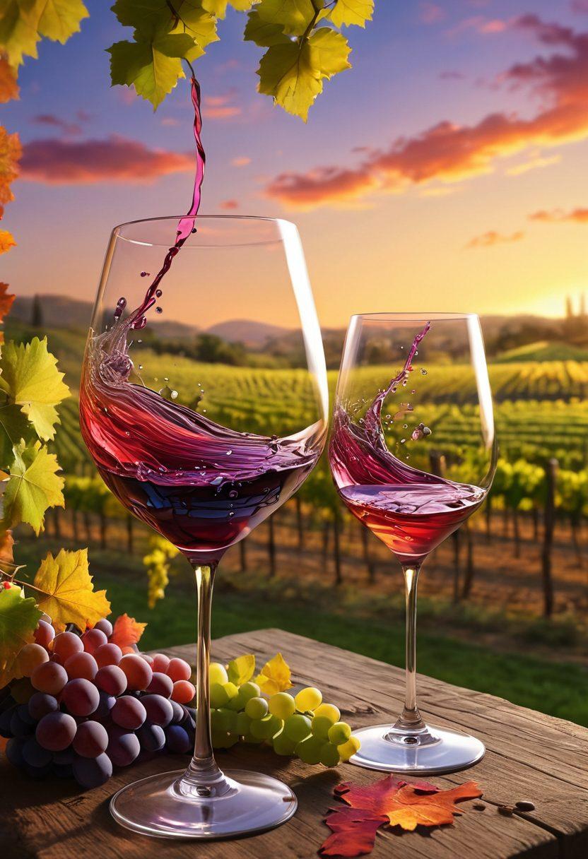 A serene vineyard landscape at sunset, featuring a spectrum of wine bottles artistically arranged, with swirling colors that mimic wine pouring into a glass, creating captivating patterns. Include lush grapevines in the background, and a painter's palette with vibrant hues next to the wine scene. Emphasize the elegance and beauty of wine crafting. super-realistic. vibrant colors. 3D.