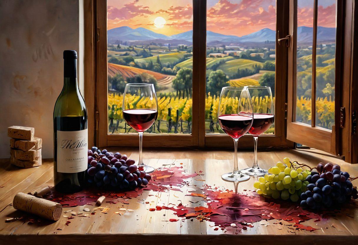 A vibrant scene of an artist painting on a canvas, surrounded by bottles of wine and corks scattered on the floor. The canvas showcases a beautiful landscape inspired by swirling wine colors, with grapes and vines elegantly woven into the artwork. Sunlight filters through a window, illuminating the rich hues of red, white, and blush wine in their glasses. The atmosphere is warm and creative, inviting viewers into the world of wine-infused art. super-realistic. vibrant colors.